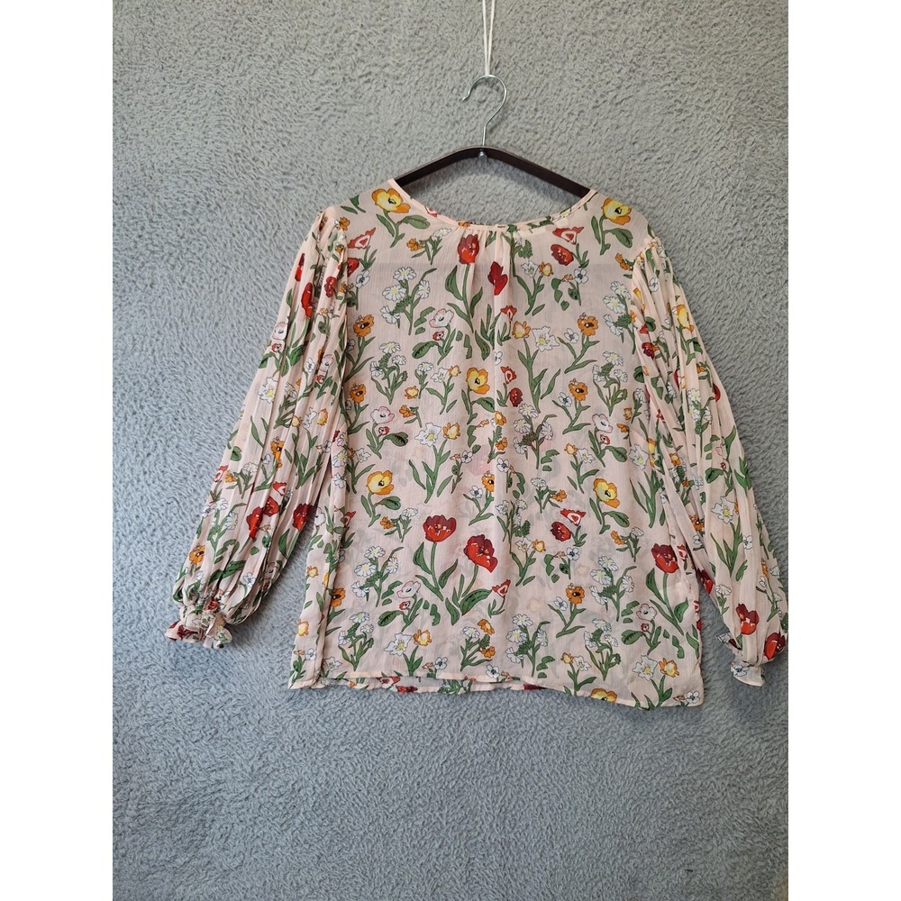 Eva Mendes Blouse Top Womens Large Pink Floral Print Balloon Sleeve Round Neck